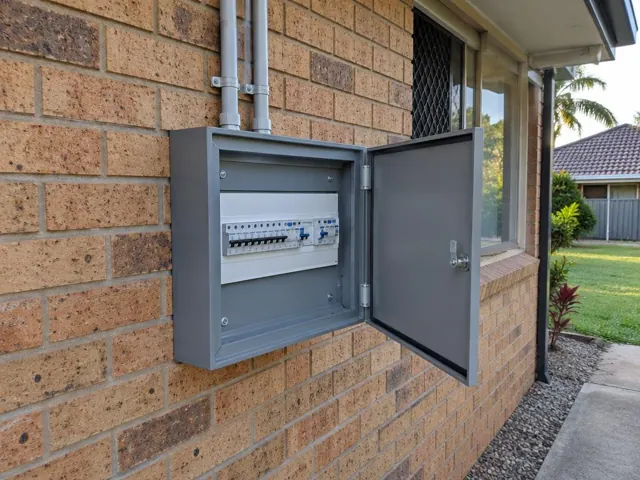 Open metal switchboard on a brick exterior wall beside a window in Carrara